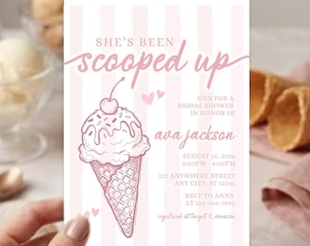 May include: A rectangular bridal shower invitation card featuring a light pink and white vertical striped background. The text reads: SHE'S BEEN scooped up, JOIN FOR A BRIDAL SHOWER IN HONOR OF ava jackson, AUGUST 12, 2026, 2:00PM - 4:00PM, 123 ANYWHERE STREET, ANY CITY, ST 12345, RSVP TO ANNA AT 123-456-7890, registered at target & amazon. A pink line drawing of an ice cream cone with a cherry and small hearts is centred.
