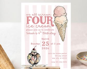 We Scream Four Ice Cream Birthday Invitation Template, Ice Cream 4th Birthday Invite, Editable Canva Invite, Sweet Treat Party, Kids Bday