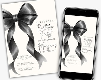 Elegant Black Bow Birthday Invitation, Coquette Party Invite (Digital Download, Canva Editable)