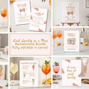 May include: A collection of printable signs and labels with an orange and white theme. The signs include phrases like "Spritz Bar," "Last Spritz as a Miss," and "Snap + Share." The signs are designed for a bachelorette party.