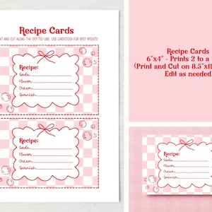 May include: Recipe cards with a pink and white checkered background. The cards have a scalloped edge and a space to write a recipe. The text on the card includes "Recipe", "Soda", "Flavor", "Cream", and "Garnish". The cards are 6"x4" and print two to a sheet.