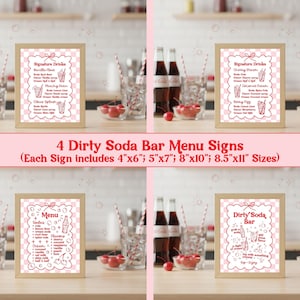 May include: Four framed signs with a pink and white checkered background, each displaying a different menu for a dirty soda bar. The signs are in wooden frames and include drink names and ingredients. The text "4 Dirty Soda Bar Menu Signs" is also visible.