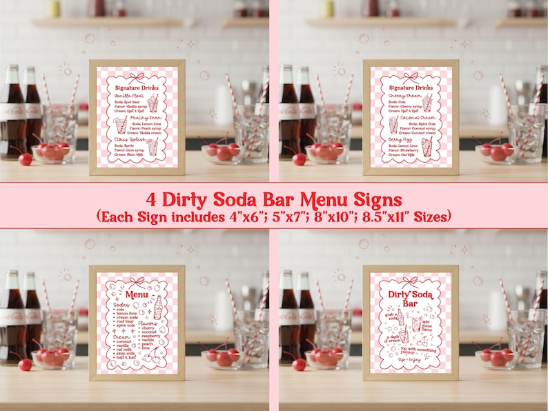 May include: Four framed signs with a pink and white checkered background, each displaying a different menu for a dirty soda bar. The signs are in wooden frames and include drink names and ingredients. The text "4 Dirty Soda Bar Menu Signs" is also visible.