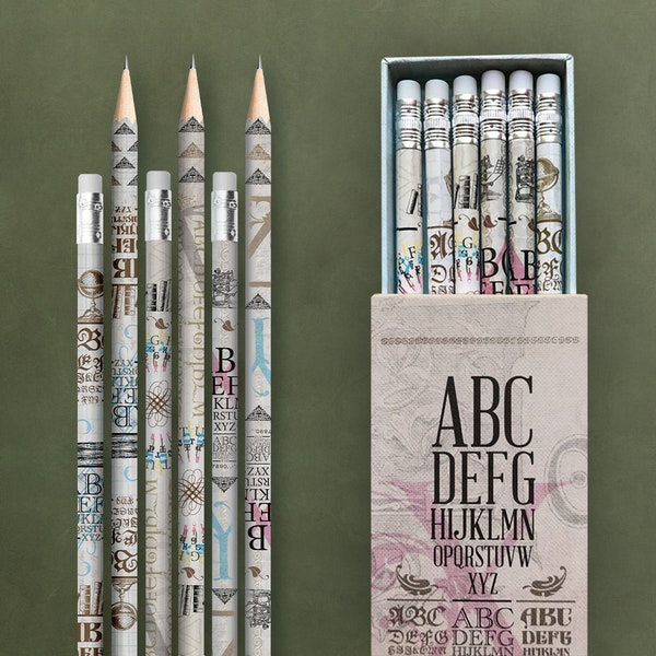 Bleistifte in Geschenkschuber ›Typo-Design‹, praktisch, zeichnen, ABC, Vintage, Geschenk, edel, Bleistift-Set, Skizzieren