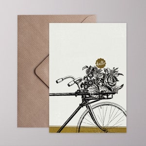 Klappkarte ›HALLO – BLUMENFAHRRAD‹ / Grußkarte, Blumenstrauß, Fahrrad, Korb