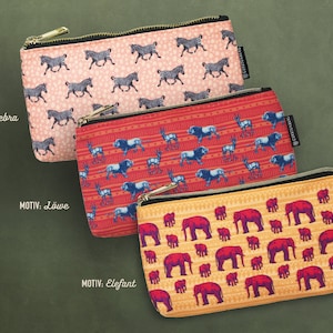 Täschchen mit Reißverschluss; Kosmetiktasche, 100% Leinen, Leinentasche bedruckt, Reisebegleiter, Geschenk, Zebra, Elefant, Löwe