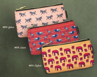 zippered pouch; cosmetic bag, 100% linen, linen bag printed, travel companion, gift, zebra, elephant, lion