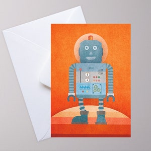 Postkarte ›Kleiner Roboter‹, Geschenk, Retro, Freundschaft, fröhlich, Kind