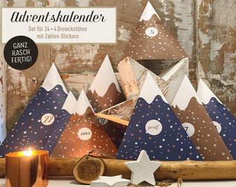 Advent calendar set mountains, stars, snow, puristic, natural, recycled paper, kraft paper, blue