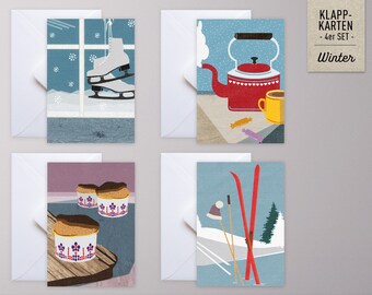 Set of 4 Christmas cards ›WINTER‹ incl. envelopes / skate, ski, tea, cake, snow, set, greeting card, retro, stickers, winter sports