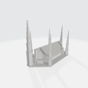 Puede incluir: Un modelo blanco de una iglesia con múltiples torres. La iglesia está hecha de un material blanco liso y tiene un diseño simple y moderno.