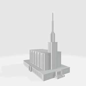 Puede incluir: Un edificio blanco moderno con una alta aguja. El edificio tiene una base rectangular y un techo plano. La aguja está coronada con un pequeño elemento decorativo. El edificio está sobre un fondo blanco.