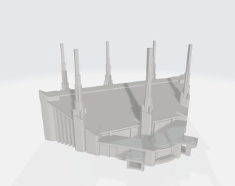 May include: A white, 3D printed model of a futuristic building with a flat roof and multiple tall, thin towers.