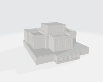 May include: A white model of a building with a flat roof and a series of columns along the front.