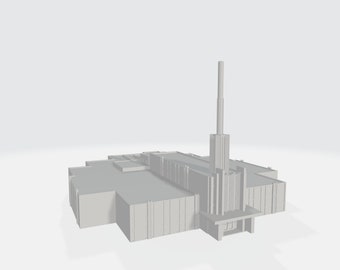 May include: A white, 3D model of a building with a tall, thin tower. The building has a flat roof and a simple design.