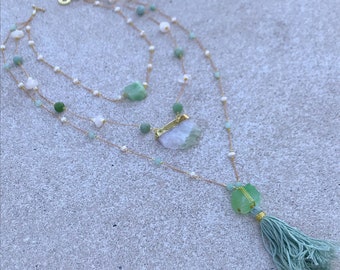 Seafoam green layered, wire wrapped crystal and pearl tassel necklace