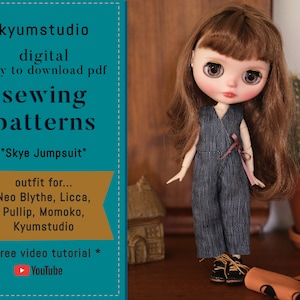 EASY DIGITAL PDF { Skye Jumpsuit} for Blythe, Licca, Pullip, Azone doll clothes dress. Doll. Doll Outfit. Sewing Pattern Kyumstudio