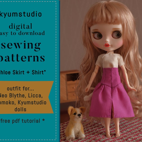EASY DIGITAL pdf { Chloe fitted skirt + shirt pattern} Neo Blythe, Licca, Momoko, Kyumstudio doll clothes dress. pdf Pattern. Sewing Pattern