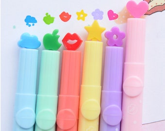 6 Pc Kawaii Stamp Highlighter Marker Set - Fluorescent Marker, DIY Scrapbook, Stationery, Neon Highlighters, Hearts Lips Flower Stars Stamps