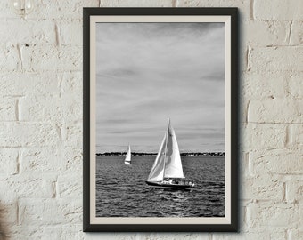 Ocean Landscape Coastal Art Boat Photography Black and White Nautical Home Decor Beach Print Yacht Art Printable Poster Gallery Wall