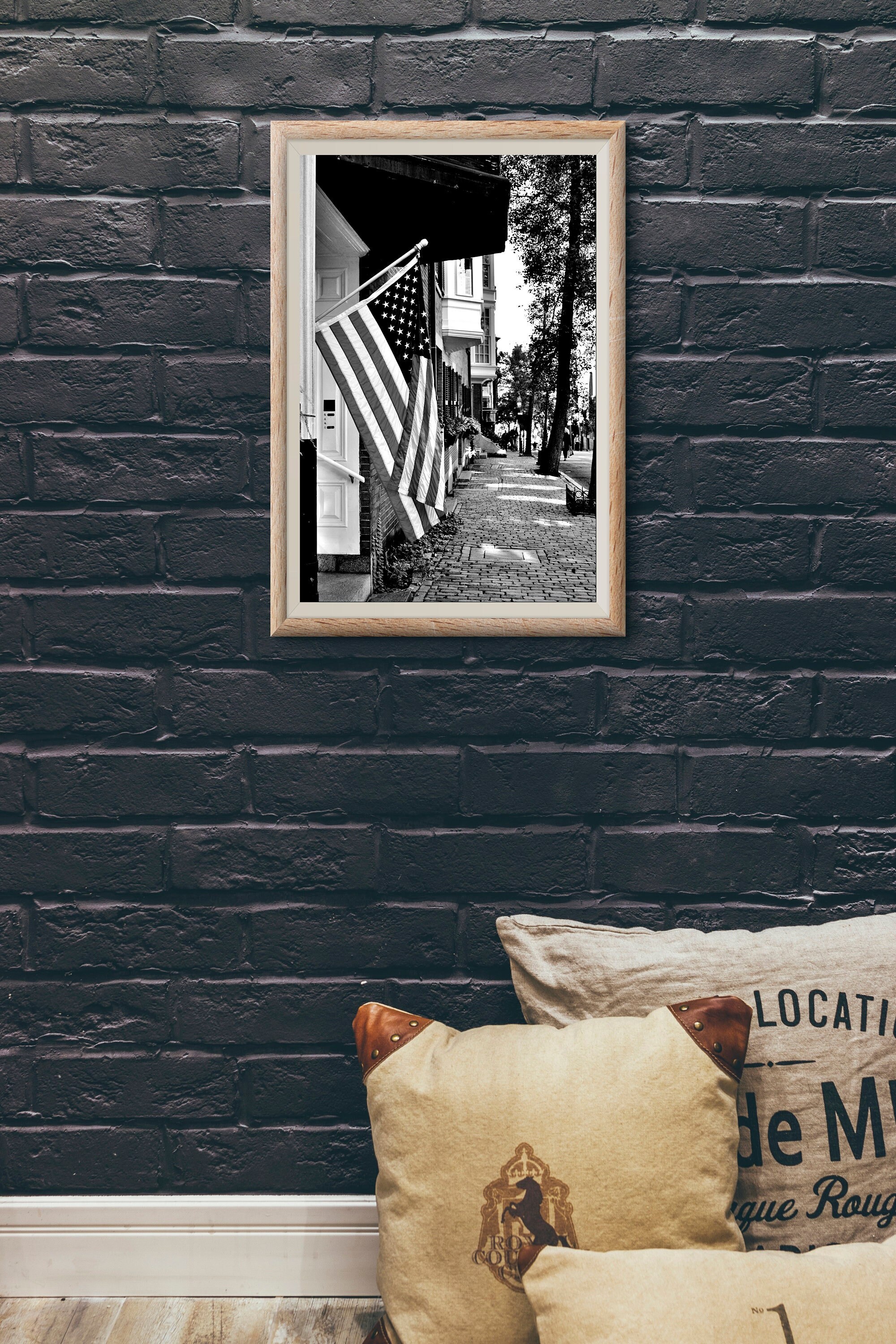 Boston Photography Beacon Hill Art American Flag Printable Poster Digital Download Black and White Boston Home Decor Architecture Print