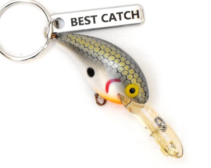 Anglers key ring, vintage swim bait lure key chain, fishing lure with rattle, fisherman ornament, optional Best Catch tag for man or woman