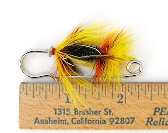 Fishing fly boutonniere: Gents lapel brooch, yellow orange feathers, gift for angler