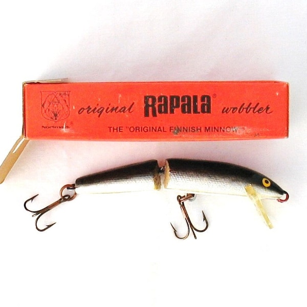 Vintage Rapala Floating Jointed Wobbler Finland fishing lure in box with 2 treble hooks, very good vintage, 1970s artificial bass bait