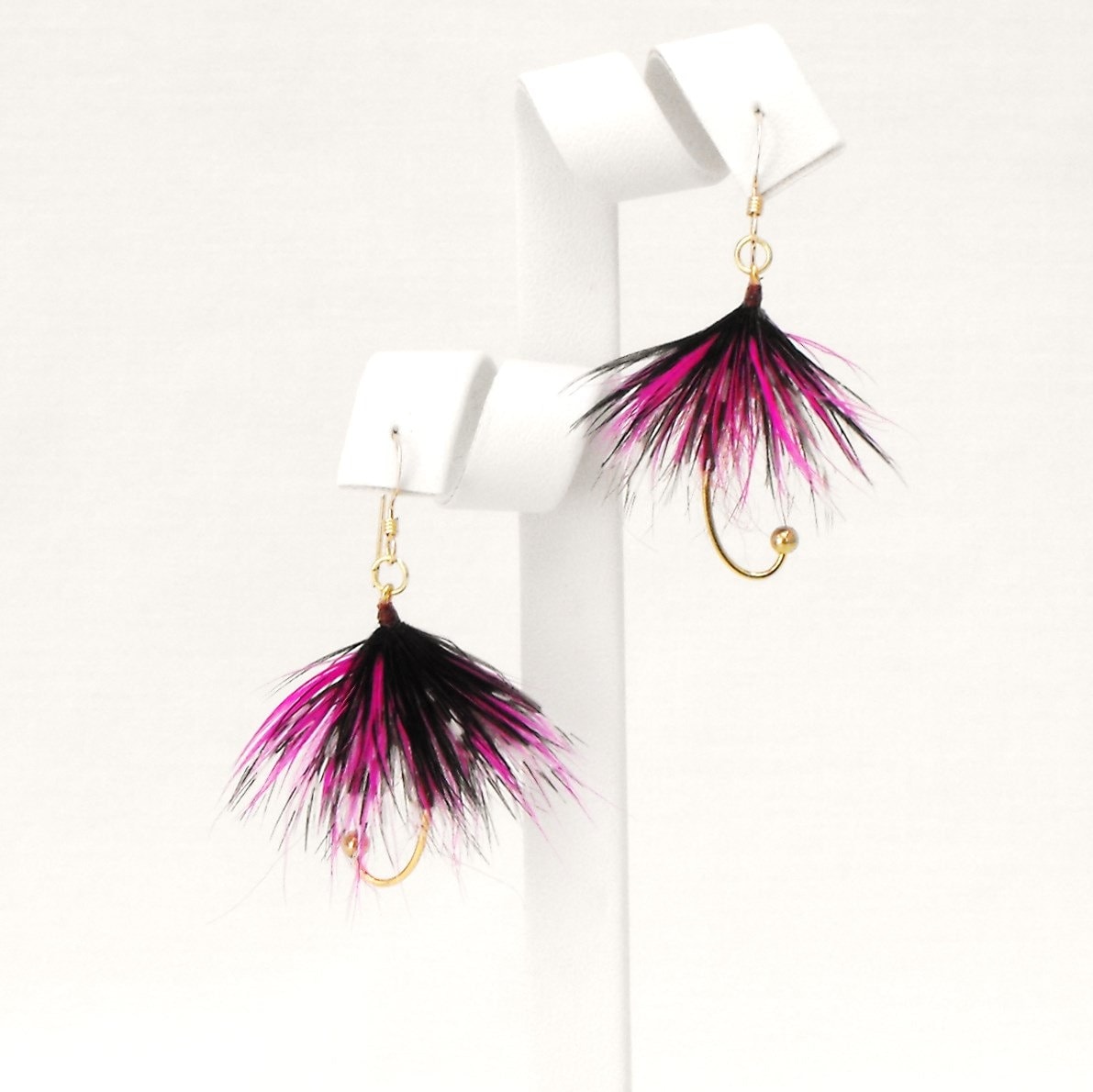 Fishing Fly Drop Earrings, Gift for Women Anglers, Pink Tan Black