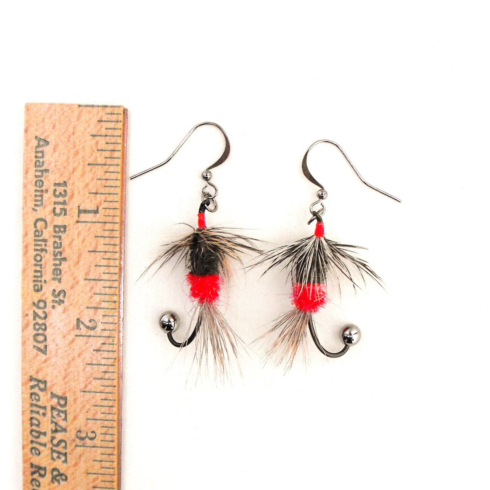 Fly Fisherman Earrings, Red Black and Tan Feather Jewelry Gift for