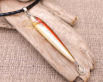 Fishing Lure Necklace, Vintage Fingerling Lure on Braided Leather