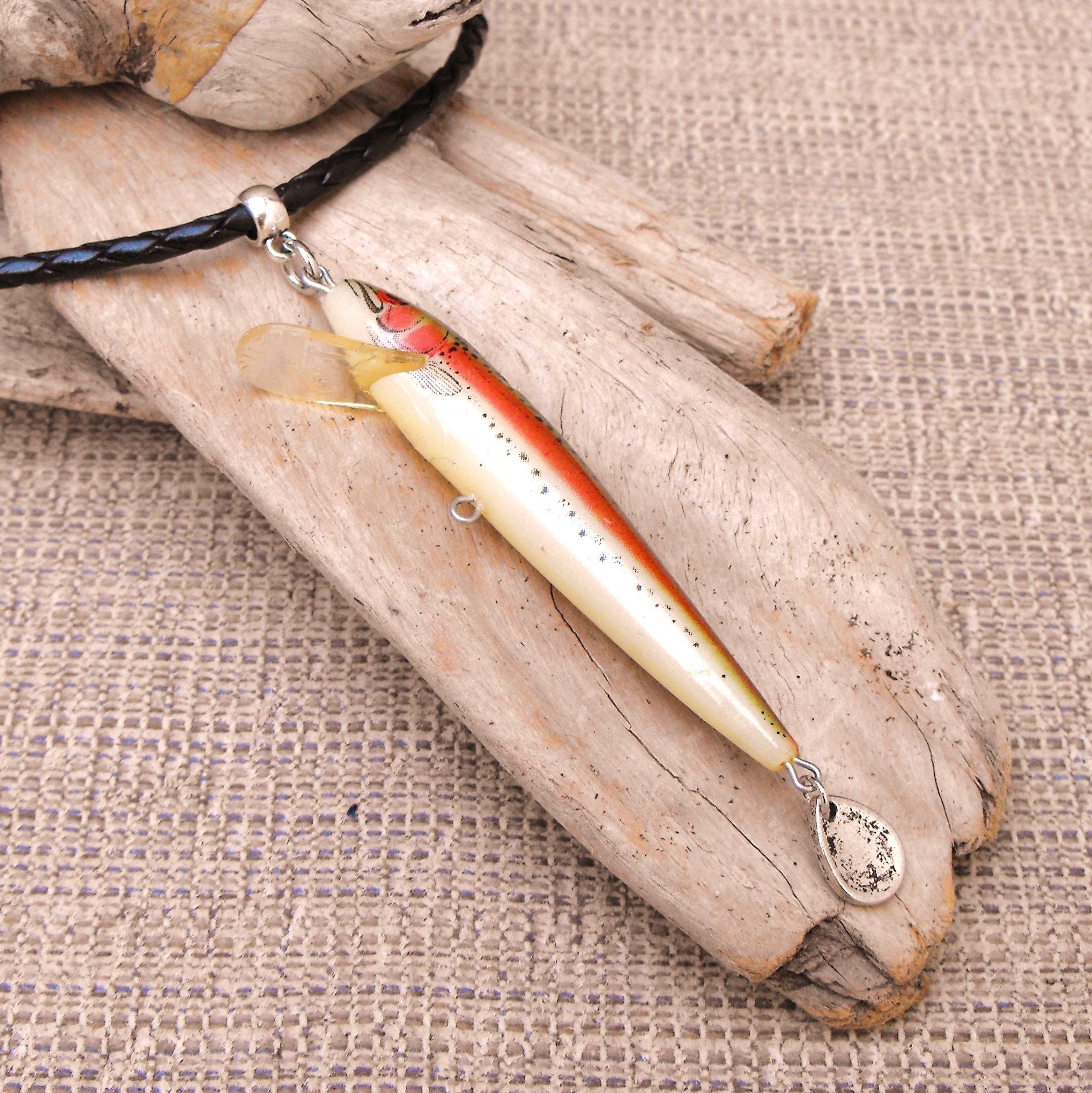 Fishing Lure Necklace, Vintage Fingerling Lure on Braided Leather Cord,  Gift for Fishing Woman, Fisherman Pendant Jewelry 