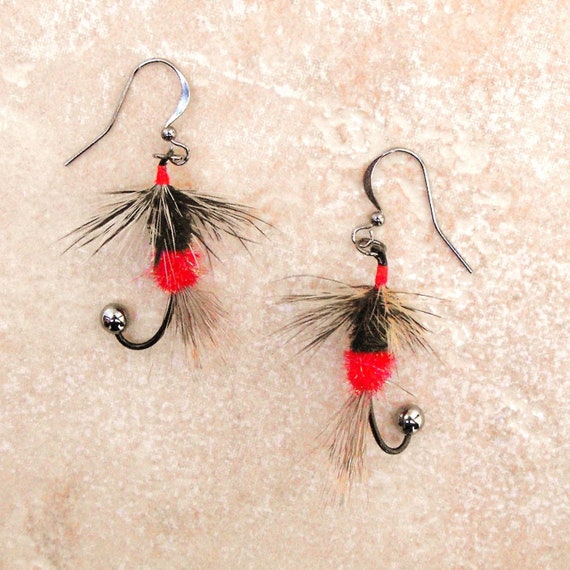 Fly Fisherman Earrings, Red Black and Tan Feather Jewelry Gift for