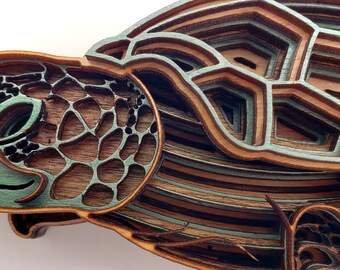3D Sea Turtle Multilayer Wood Sculpture Ornament 3.5 x 5.5"