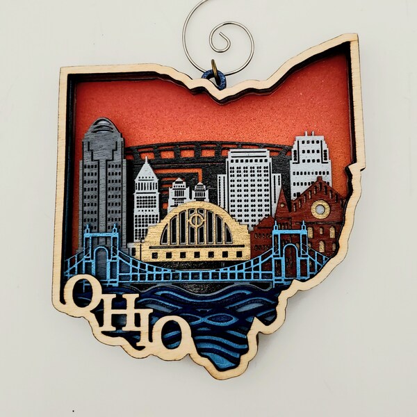 3D Multilayer Cincinnati Skyline Wooden Ornament 3.8 x 3.5"