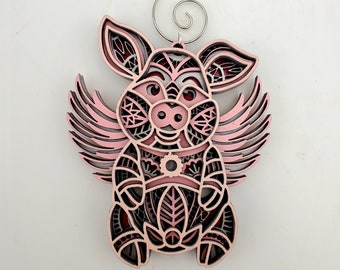 3D Multilayer Flying Pig Wooden Sculpture Ornament  4 x 2.5"