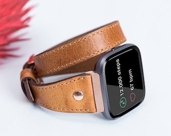 Camel Leather Double Wrap Band for Fitbit Versa 2/1/Lite