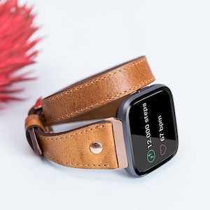 Bracelet double tour en cuir camel pour Fitbit Versa 2/1/Lite