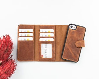 Personalized Full Grain Leather iPhone Wallet Case: Magnetic Detachable Card Cover