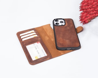 May include: A brown leather phone case with a built-in wallet. The case has slots for credit cards and a clear window for ID. The phone case is open, revealing a brown leather phone case with a black trim.