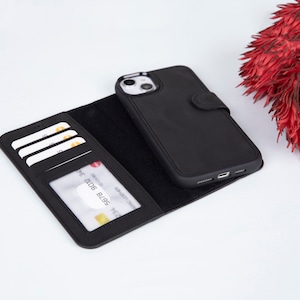 Coque pour iPhone 14+, mini portefeuille pour iPhone 13, porte-cartes de crédit pour iPhone 14, coque amovible en cuir pour iPhone 13, portefeuille personnalisé pour iPhone 15