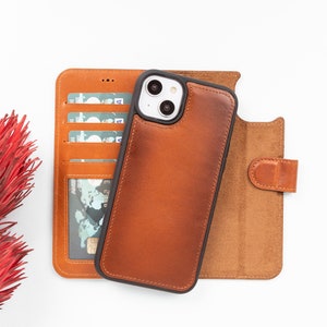 Leder iPhone 14+ 6.7" RFID Blocker Kreditkarten Hülle, iPhone 13 Mini Wireless Ladegerät Cover, iPhone 14 Brieftasche, iPhone 13 Lederhülle
