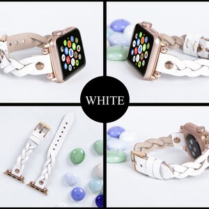 May include: White braided leather Apple Watch band with rose gold hardware. The band is shown on a white background with a rose gold Apple Watch.