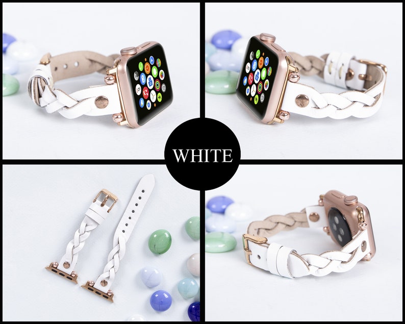 May include: White braided leather Apple Watch band with rose gold hardware. The band is shown on a white background with a rose gold Apple Watch.