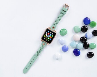 Braided Full Grain Leather Apple Watch Band, Slim iWatch Strap