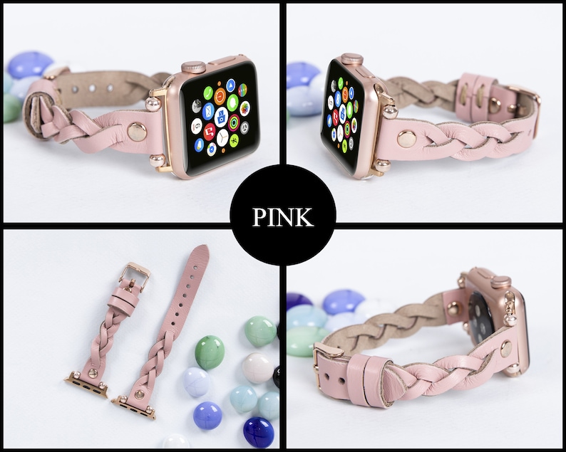 May include: A pink braided leather band with gold hardware for an Apple Watch. The band is shown on a rose gold Apple Watch with a white face.