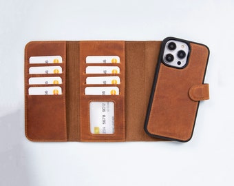 Leather iPhone 12 Pro Max Wallet, iPhone 12 Pro Leather Case, iPhone 12 Customized Trifold Case, iPhone 12 Mini Magnetic Detachable Cover