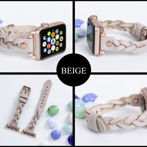 May include: Beige leather Apple Watch band with a braided design. The watch case is rose gold. The band is shown in multiple views, including a close-up of the braided detail and the band detached from the watch. The word "BEIGE" is in a black circle.