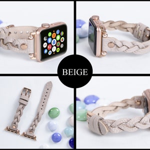 K&ouml;nnte beinhalten: Beigefarbenes geflochtenes Lederarmband f&uuml;r Apple Watch mit ros&eacute;goldenen Beschl&auml;gen. Das Armband ist auf wei&szlig;em Hintergrund abgebildet, mit einer Nahaufnahme des Armbands und des Zifferblatts.