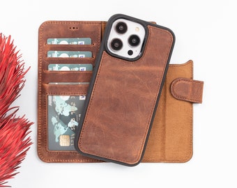 May include: A brown leather wallet case for a smartphone with a built-in card holder. The case has a flap that folds over the phone and secures with a snap. The case is open to show the phone and card slots.